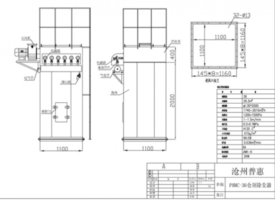36袋倉(cāng)頂除塵器過(guò)濾面積為29平米、處理風(fēng)量為1700-2600立方/H、36條直徑130*2000毫米濾袋，長(zhǎng)度和寬為1100毫米、高2400毫米，配6臺(tái)1寸24伏脈沖閥，凈化效率為、出口含塵濃度&le;30毫克/立方米。